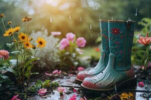 ai generado jardineros botas en floración en un jardín. foto