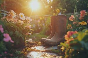 ai generado jardineros botas en floración en un jardín. foto