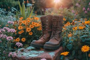 AI generated gardeners boots in bloom in a garden. photo
