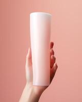 AI generated hand holding white cream tube up. photo