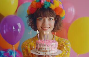 ai generado niña en vistoso disfraz participación cumpleaños pastel y globos contento cumpleaños. foto