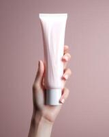 AI generated hand holding white cream tube up. photo