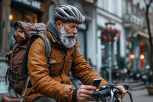 AI generated male cyclist sitting outdoors and holding smartphone. photo