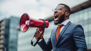 AI generated man in suit shouting into megaphone. photo