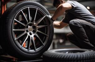 AI generated man fixing automobile tire in maintenance tire shop. photo