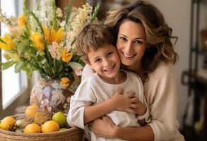 AI generated mom holding son in front of easter basket. photo