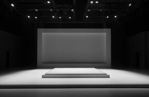 AI generated one platform on a white stage with spotlights in the background. photo