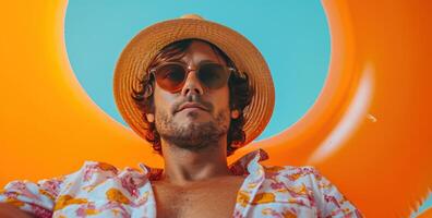 ai generado hombre con sombrero y Gafas de sol participación un inflable piscina flotar. foto