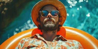 AI generated man with hat and sunglasses holding an inflatable pool float. photo