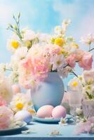 AI generated Soft hues of pink, blue, and yellow converge, providing an idyllic Easter background for advertising creativity. photo