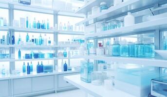 AI generated pharmaceutic store with white shelves and cosmetic products. photo