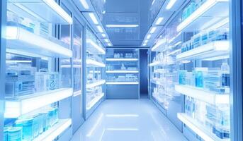 AI generated pharmaceutic store with white shelves and cosmetic products. photo