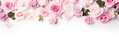 AI generated pink flower frame on white background roses. photo