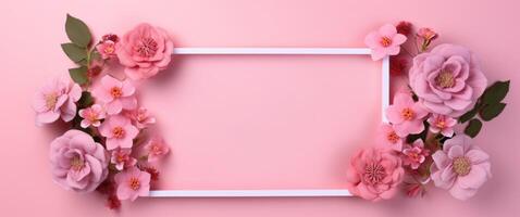 AI generated pink flower frame on white background roses. photo