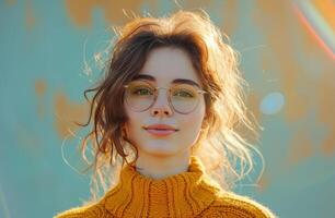 ai generado retrato de contento joven mujer vistiendo lentes. foto