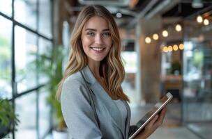 ai generado sonriente negocio mujer participación tableta en un oficina. foto