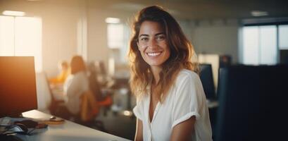 AI generated smiling modern woman sitting at her desk at office in sunny day. photo