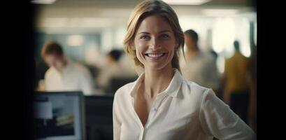 AI generated smiling modern woman sitting at her desk at office in sunny day. photo