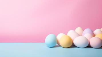 AI generated Soft hues of pink, blue, and yellow converge, providing an idyllic Easter background for advertising creativity. photo