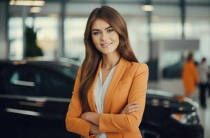 AI generated the business woman is posing in a car showroom. photo