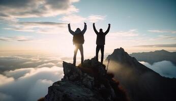 ai generado dos hombres en pie a parte superior de un montaña. foto