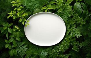 AI generated white oval plate in greenery greenery background. photo