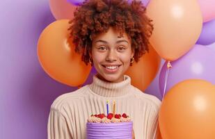 AI generated woman holding bright balloons and a cake for a birthday. photo