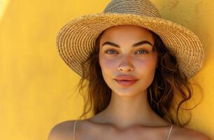 ai generado mujer posando en un amarillo antecedentes en un Paja sombrero. foto