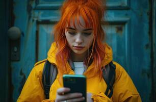 AI generated woman with red hair holding her smart phone. photo