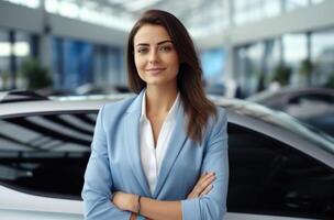 AI generated young businesswoman in a blue suit standing before cars in dealership. photo