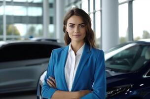 AI generated young businesswoman in a blue suit standing before cars in dealership. photo