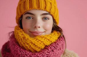 AI generated young girl in yellow hat, scarves and coat with a flower scarf on pink background photo