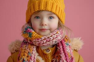 AI generated young girl in yellow hat, scarves and coat with a flower scarf on pink background photo