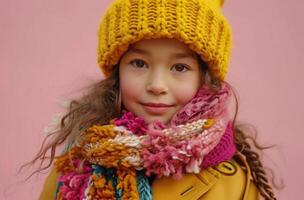 AI generated young girl in yellow hat, scarves and coat with a flower scarf on pink background photo