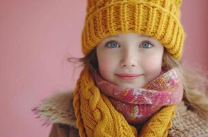 AI generated young girl in yellow hat, scarves and coat with a flower scarf on pink background photo