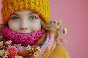 AI generated young girl in yellow hat, scarves and coat with a flower scarf on pink background photo