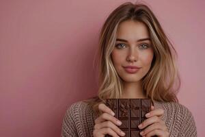 AI generated young woman holding a dark chocolate bar pink background. photo