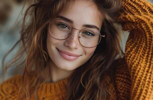 ai generado joven sonriente niña vistiendo calentar parte superior y lentes. foto