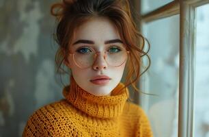 AI generated young woman wearing a yellow turtleneck sweater with glasses to the side photo