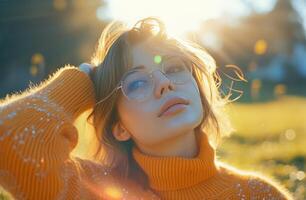 AI generated young woman wearing a yellow turtleneck sweater with glasses to the side photo