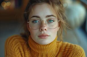 ai generado joven mujer vistiendo un amarillo suéter tipo con cuello de tortuga suéter con lentes a el lado foto