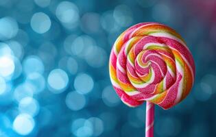 AI generated cute colourful lollipop with shiny blue background photo