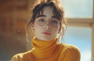 ai generado joven mujer vistiendo un amarillo suéter tipo con cuello de tortuga suéter con lentes a el lado foto