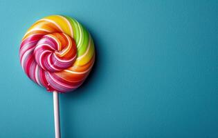 AI generated a multicolored lollipop lies on a blue background photo