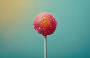 AI generated a pink with yellow and orange lollipop is placed on it's own peg stick photo