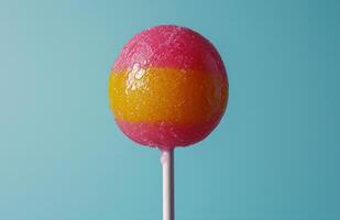 AI generated a pink with yellow and orange lollipop is placed on it's own peg stick photo