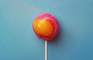 AI generated a pink with yellow and orange lollipop is placed on it's own peg stick photo