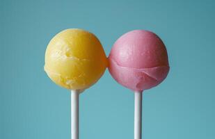AI generated easter lollipops in pastel pink and yellow that is on a blue background photo
