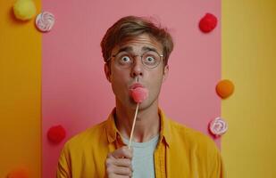 AI generated man with lollipop, showing surprise whimpering, photo