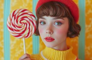 AI generated young lady holding a big lollipop sweetness photo